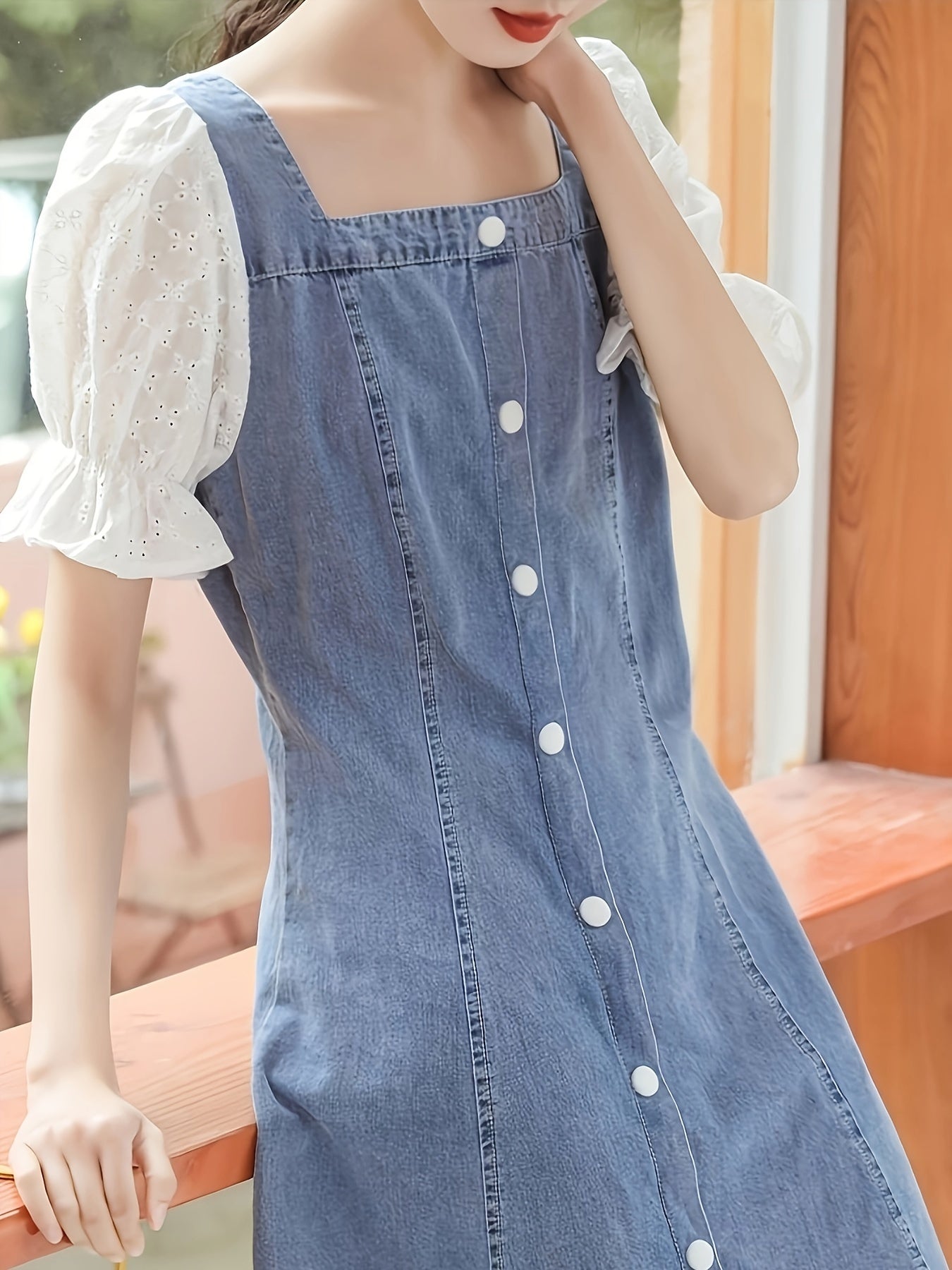 Damen Vintage Denim Kleid mit quadratischem Ausschnitt