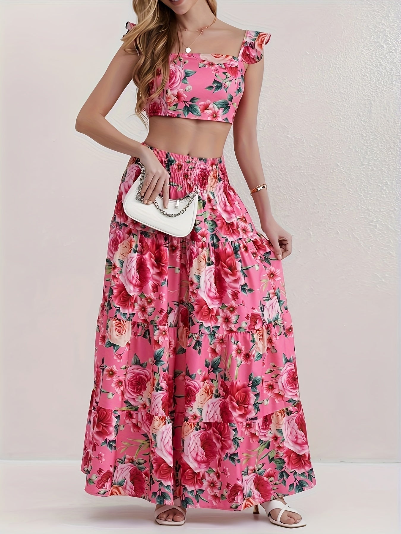 Zweiteiliges Set: Kurzes Oberteil mit Rüsche und ausgestellter Rock - Summer Holiday Style