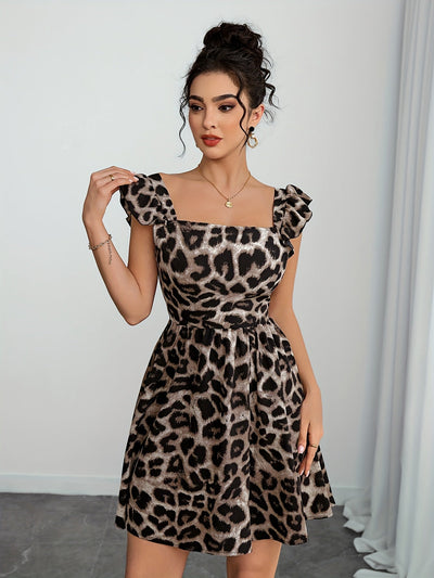 Elegantes Damenkleid mit Leopardenmuster – Rüschen-Träger und Rückenfrei