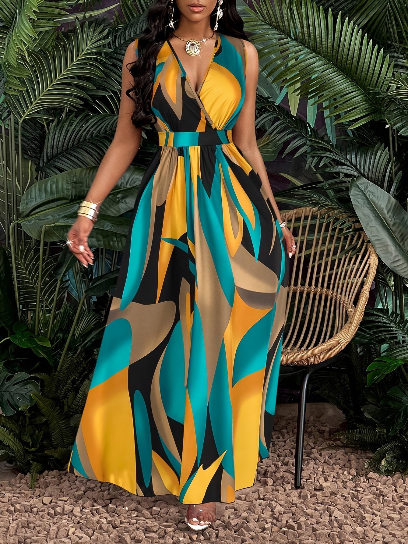 Tropisches Maxikleid in Gelb mit V-Ausschnitt und Blumenmuster