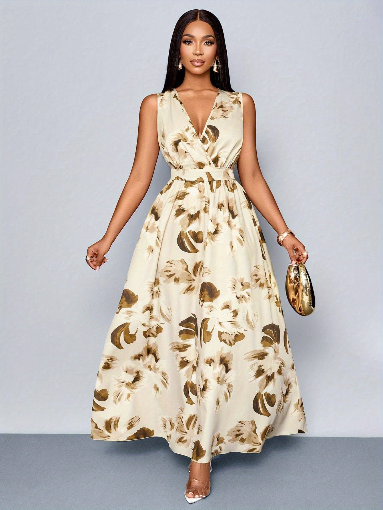 Elegantes Blaues Florales Maxikleid mit Ausschnitt für Frauen