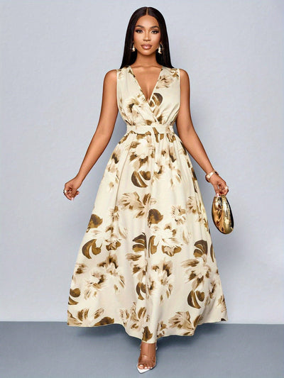 Elegantes Blaues Florales Maxikleid mit Ausschnitt für Frauen