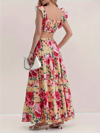 Zweiteiliges Set: Kurzes Oberteil mit Rüsche und ausgestellter Rock - Summer Holiday Style