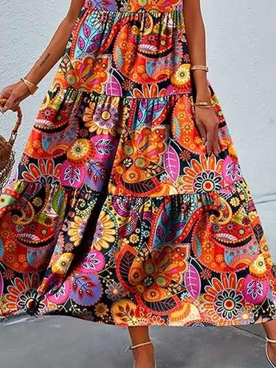 Orange Rotes Allover Print Rüschenkleid mit V-Ausschnitt, Ärmellos
