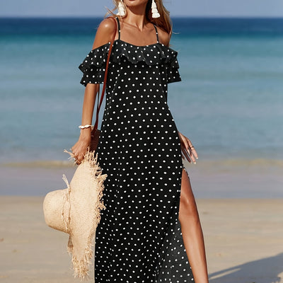 Spanisches rotes Kleid mit Erbsendruck und leichtem Schlitz für den Sommer