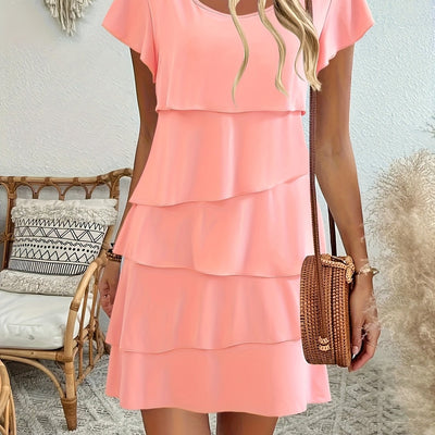 Rosa Damenkleid mit Rüschen, Kurzarm – Lässig für den Sommer