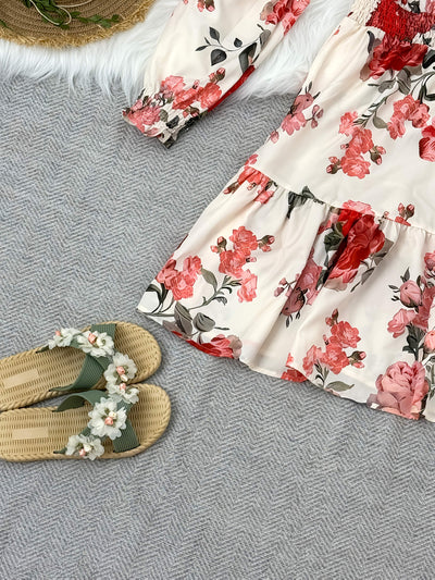 Elegantes, leichtes Kleid mit Blumenmuster - einfarbig