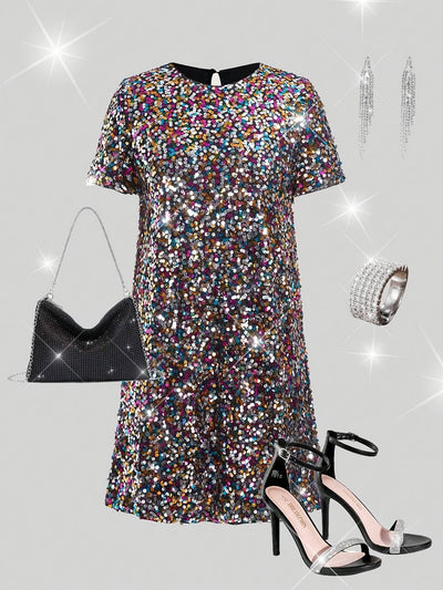 Elegantes Sommerkleid – Kniehohe Tunika mit Pailletten, Rundhalsausschnitt & Lockere