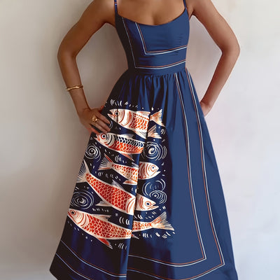 Ferienkleid mit Koi-Motiv Maxikleid ohne Ärmel marineblau