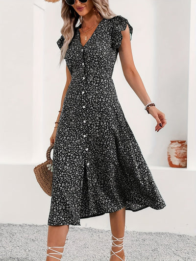 Geblümtes Kleid mit Volants, V-Ausschnitt, Knöpfen - Sommerliche Eleganz