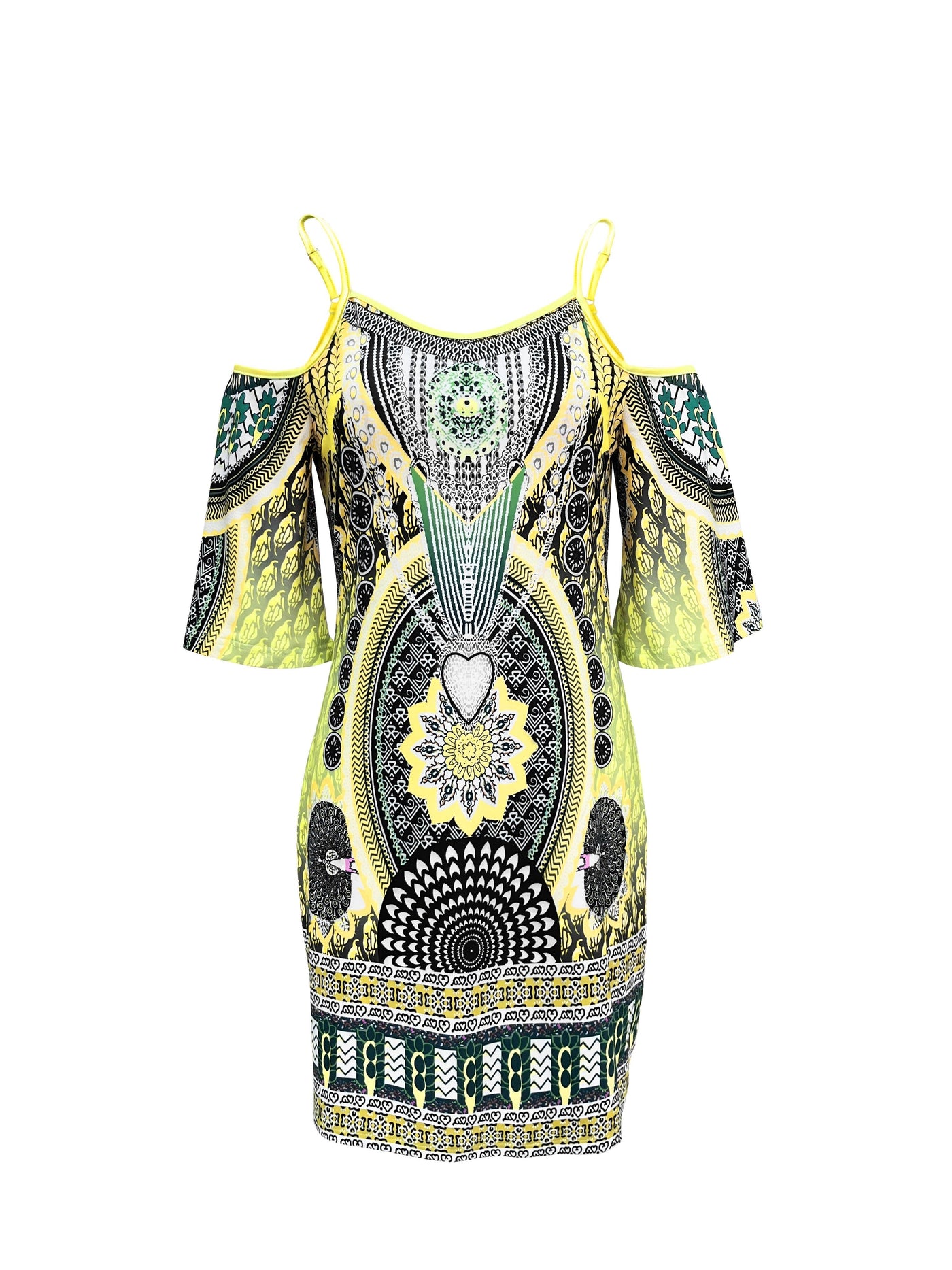 Boho Kalte Schulter Strandkleid mit Spaghettiträgern & Flatterärmeln