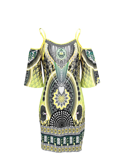 Boho Kalte Schulter Strandkleid mit Spaghettiträgern & Flatterärmeln