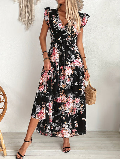 Schwarzes Sommerkleid mit Blumenmuster, Gürtel und Volant