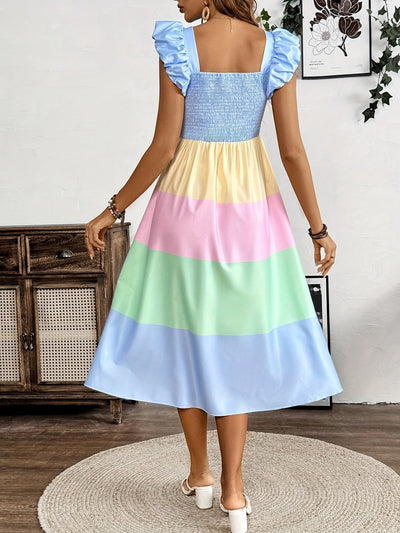 Gestreiftes Damenkleid Quadratischer Ausschnitt, Puffärmel Blau
