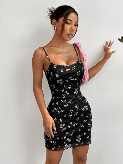 Spaghettikleid mit Blumenmuster und Spitze Sommerminikleid trägerlos