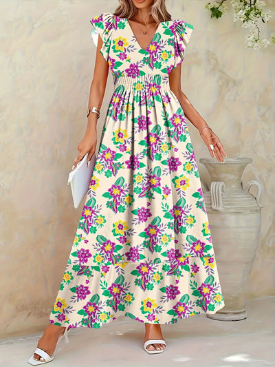 Elegantes langes geblümtes Kleid - V-Ausschnitt, Blumenärmel