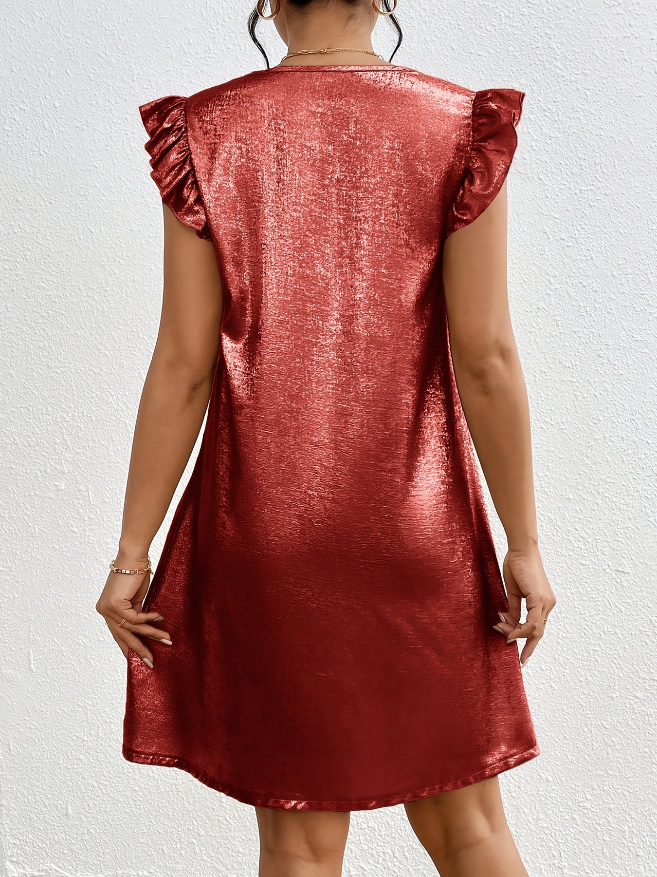 Elegantes Tunika-Kleid mit V-Ausschnitt und Rüschenärmeln – Rostrot