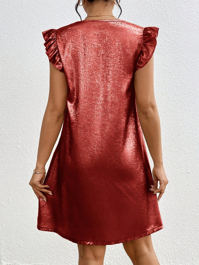 Elegantes Tunika-Kleid mit V-Ausschnitt und Rüschenärmeln – Rostrot