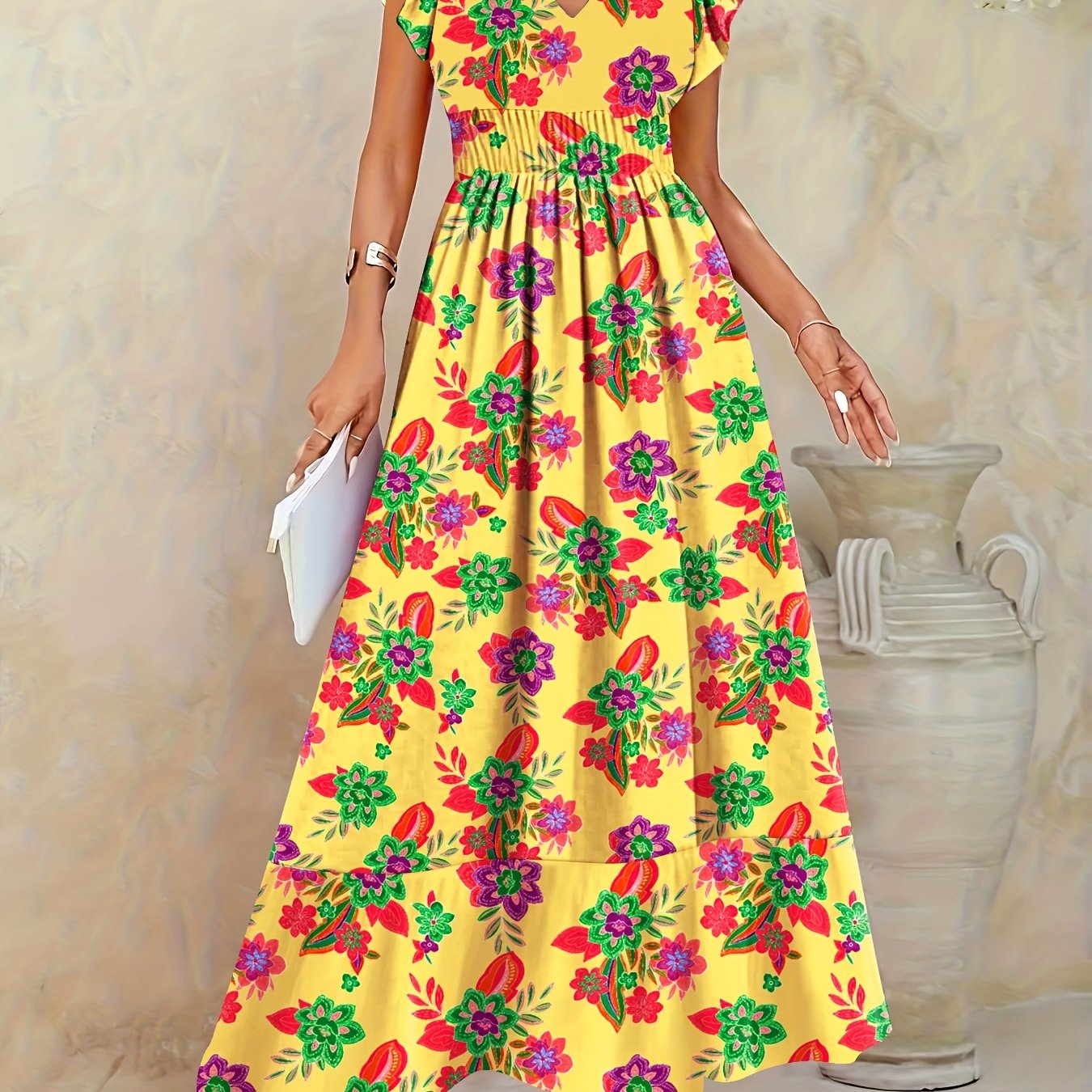 Elegantes langes geblümtes Kleid - V-Ausschnitt, Blumenärmel