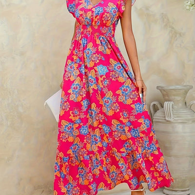 Elegantes langes geblümtes Kleid - V-Ausschnitt, Blumenärmel