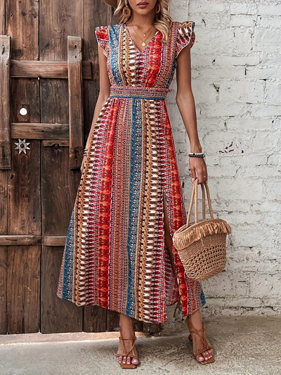 Gestreiftes Kleid mit V-Ausschnitt Sommerkleid mit Rüschen und Schlitz für Frauen