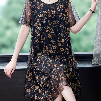 Plus Size Kleid aus Tüll mit Blumen - lockerer Schnitt und Bauchmodellierung