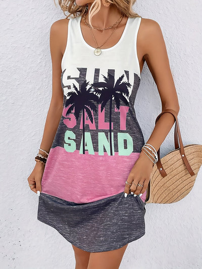 Ärmelloses Sommerkleid mit Palmenprint und Schriftzug