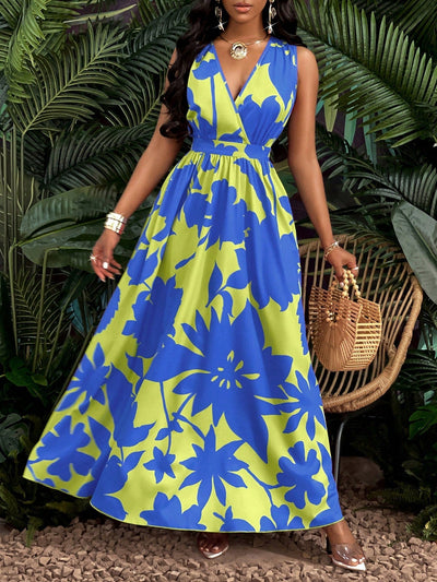 Elegantes Blaues Florales Maxikleid mit Ausschnitt für Frauen