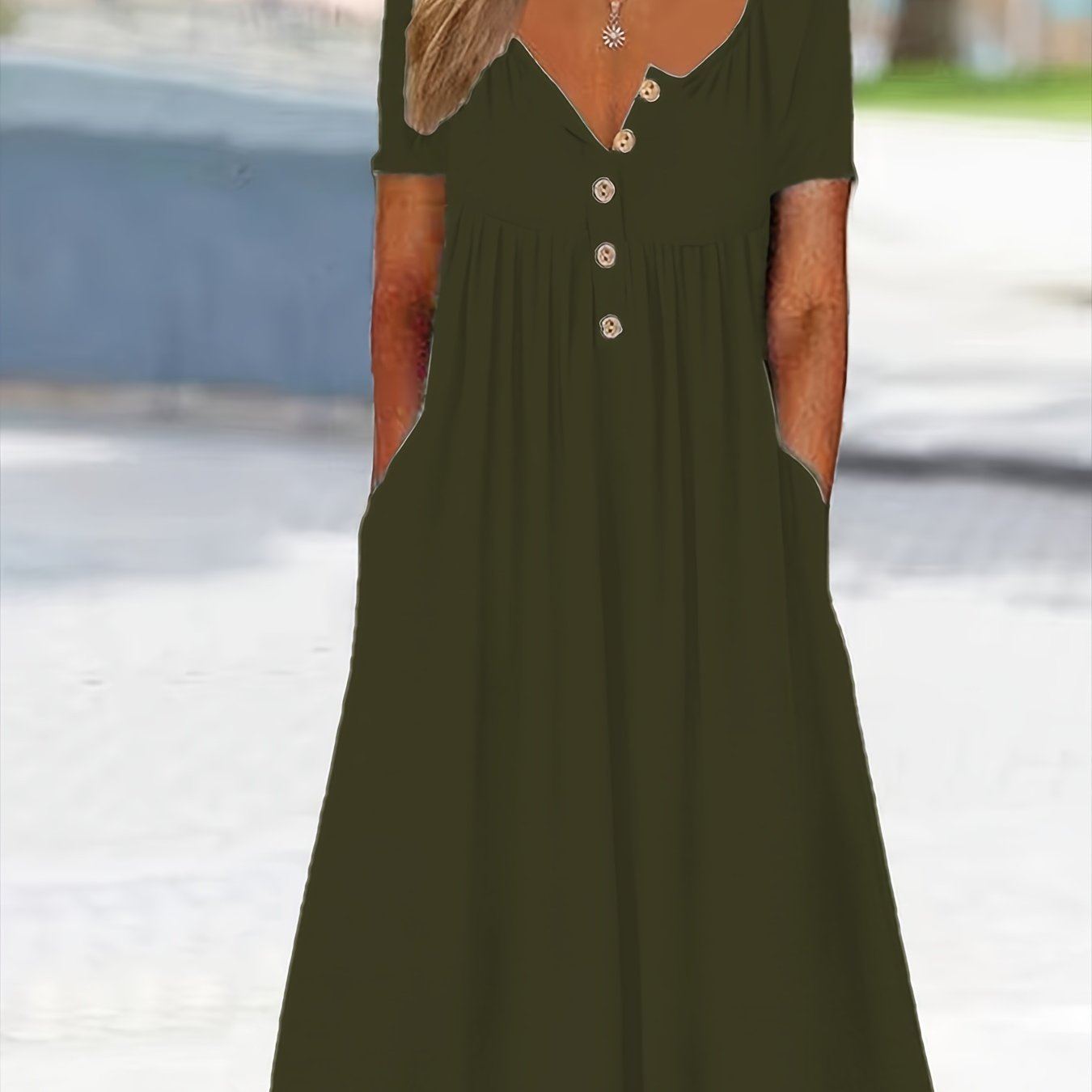 Damen Plus Size Grünes Midi-Kleid mit Taschen