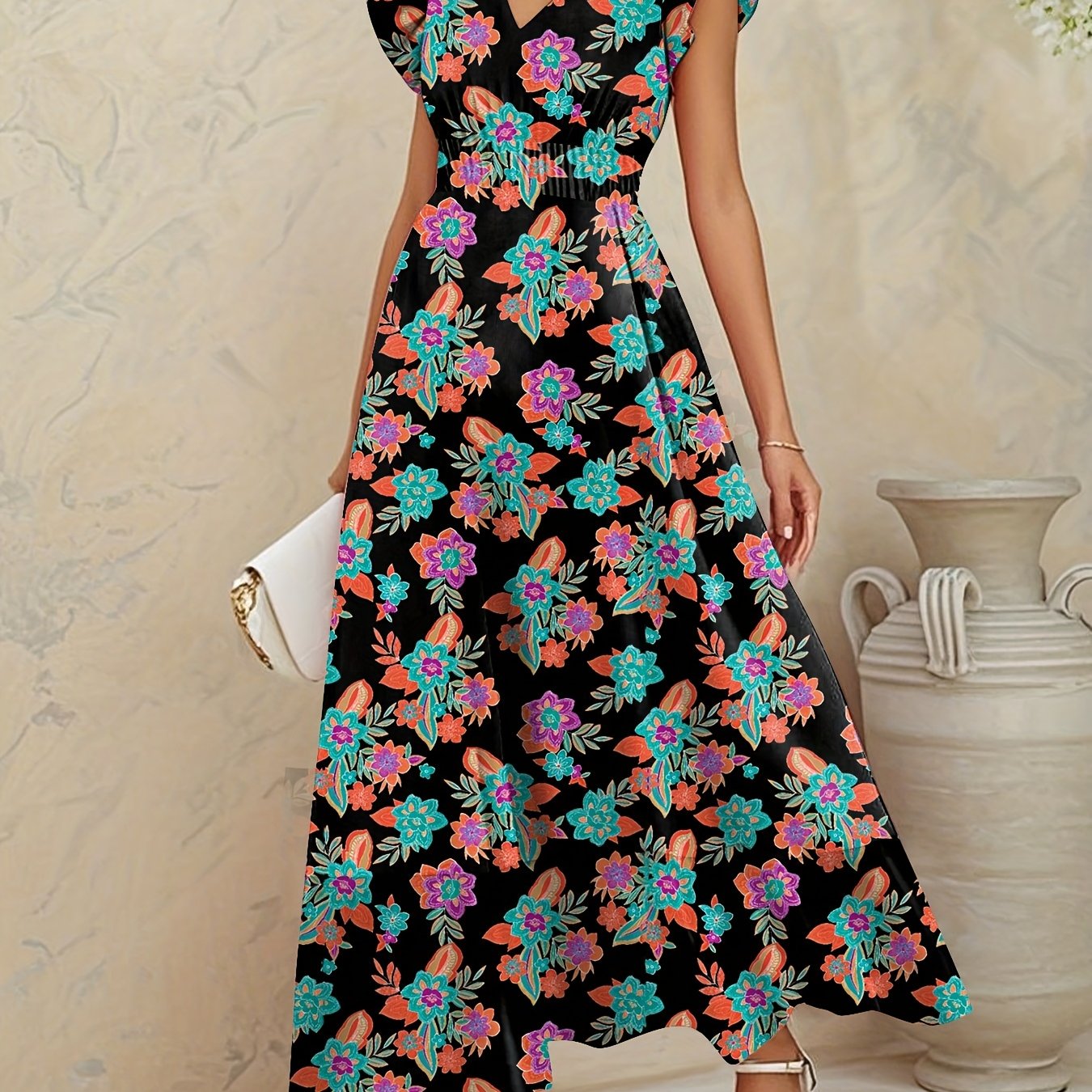 Elegantes langes geblümtes Kleid - V-Ausschnitt, Blumenärmel