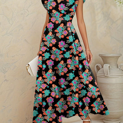 Elegantes langes geblümtes Kleid - V-Ausschnitt, Blumenärmel