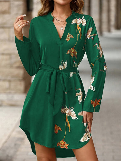 Damenkleid aus Blumen und Vögeln Elegantes Grün Frecher Ausschnitt Ganzjährig
