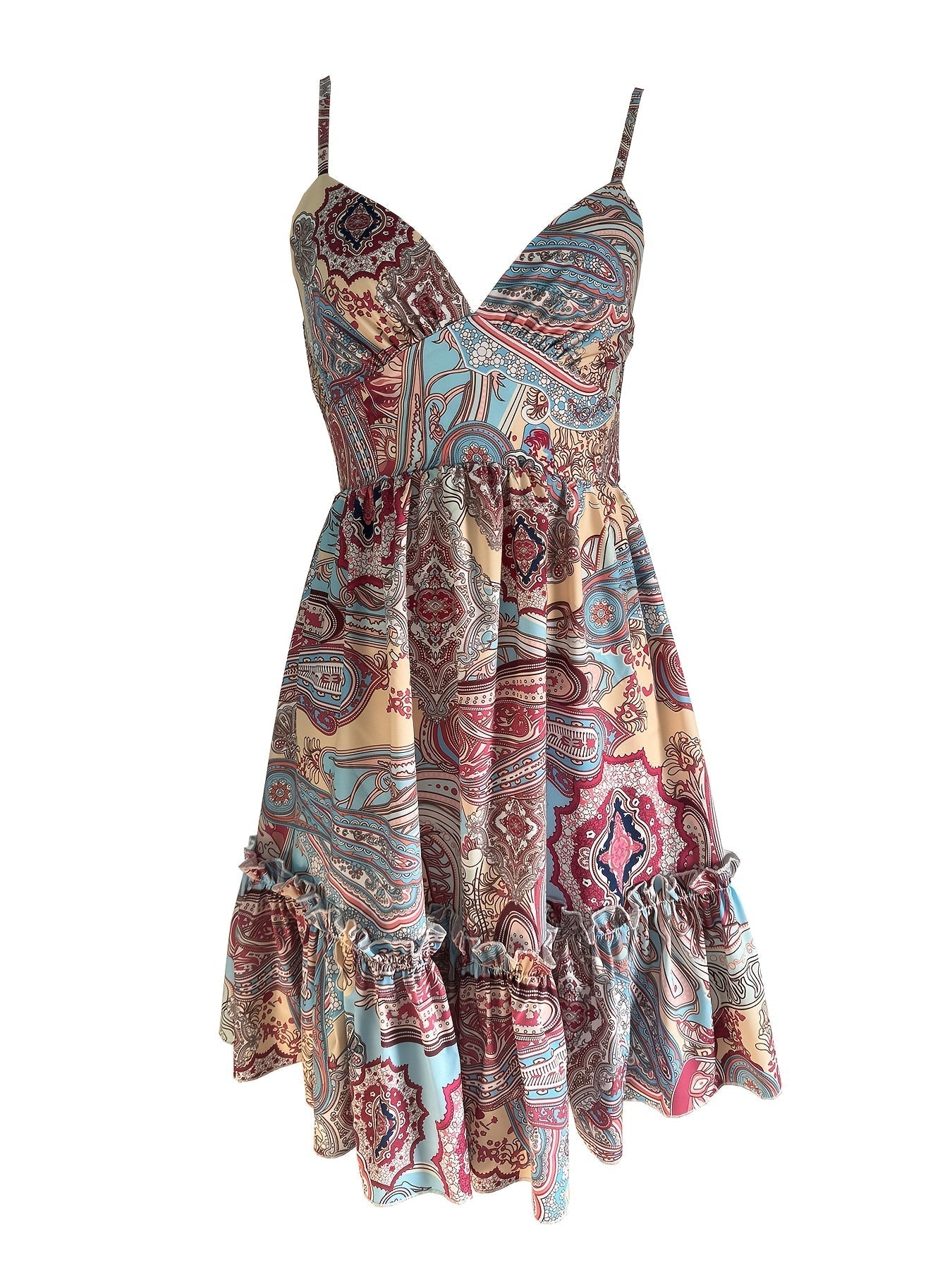 Boho-Midi-Kleid mit Volants, ethnischem Muster und V-Ausschnitt