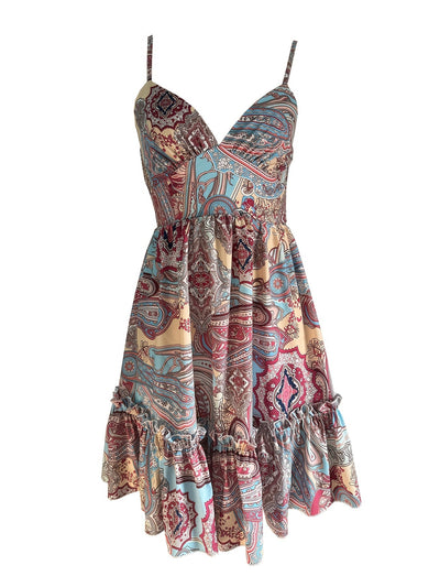Boho-Midi-Kleid mit Volants, ethnischem Muster und V-Ausschnitt