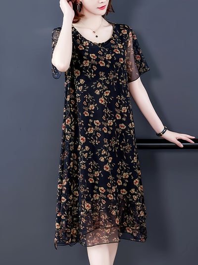 Plus Size Kleid aus Tüll mit Blumen - lockerer Schnitt und Bauchmodellierung