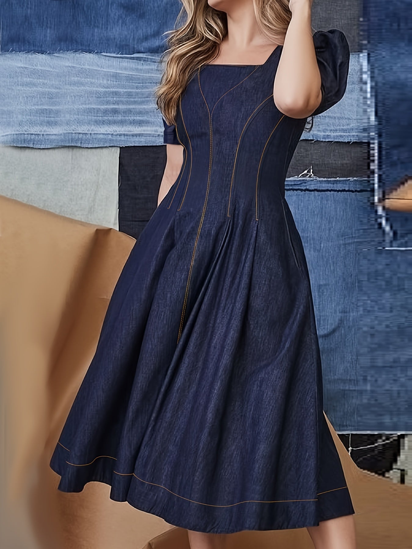 Elegantes Damen Denim Midikleid mit quadratischem Ausschnitt
