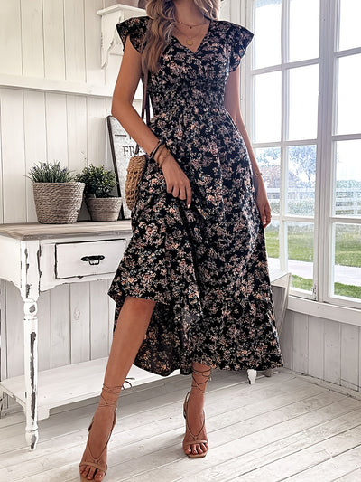 Gerafftes A-Linien-Kleid mit Rüschensleeves und Blumendruck