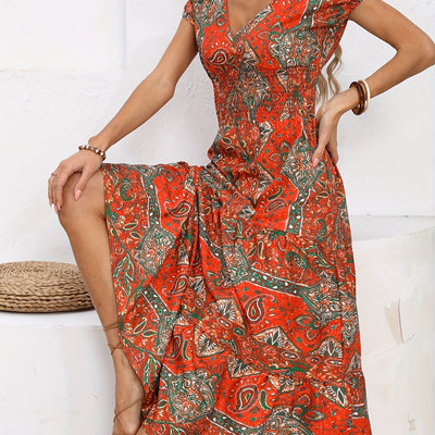 Maxikleid mit Paisley-Muster Roter V-Ausschnitt Ideal für den Urlaub