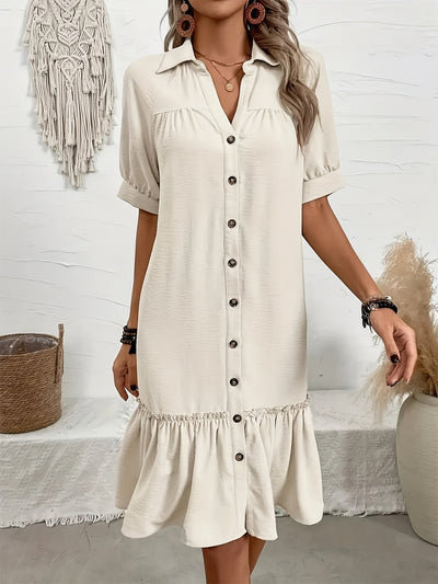 Beige Kleid mit Knöpfen Freizeitkleid mit Rüsche Polyester
