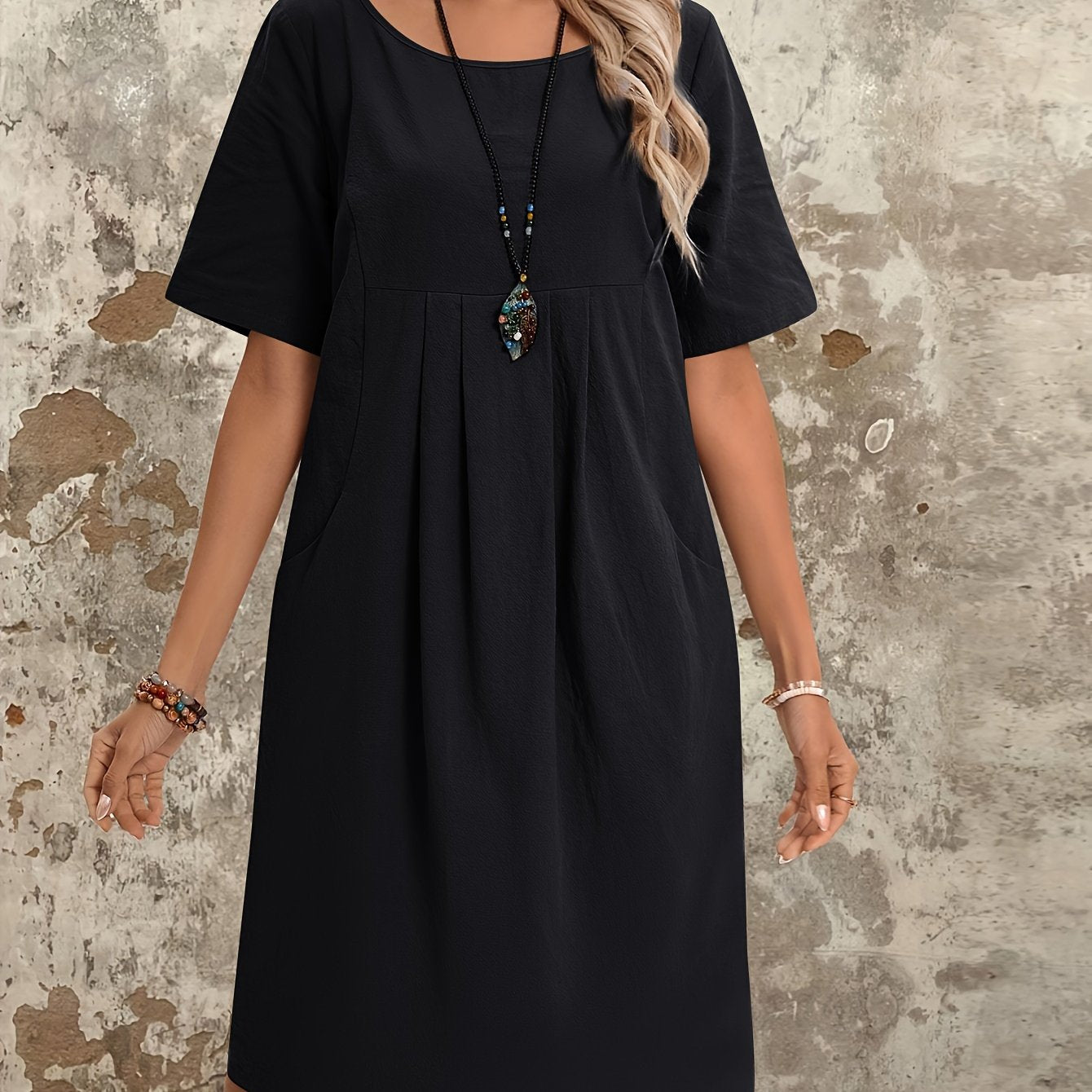 Baumwollkleid mit Taschen, kurze Ärmel für alle Jahreszeiten