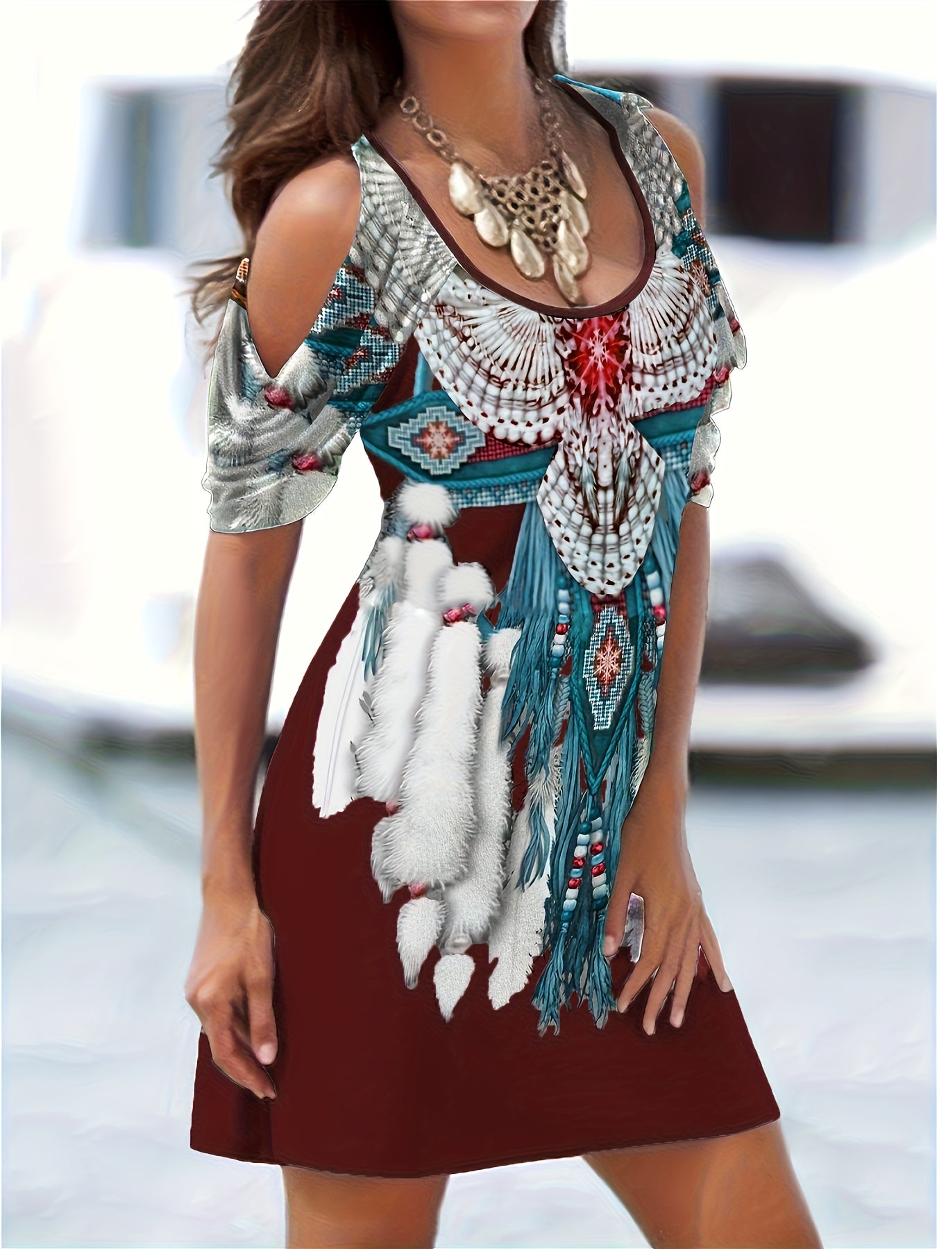 Damen Kleid mit ethnischem Adlerdruck im Western-Stil