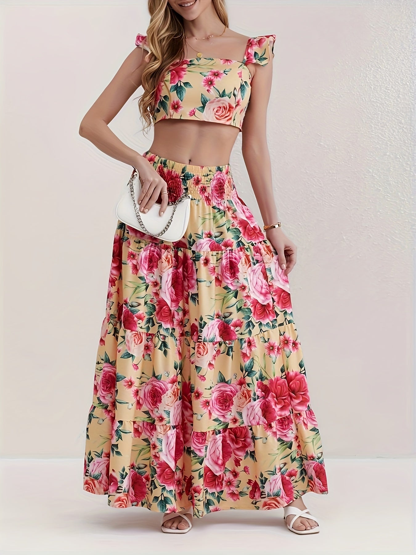 Zweiteiliges Set: Kurzes Oberteil mit Rüsche und ausgestellter Rock - Summer Holiday Style
