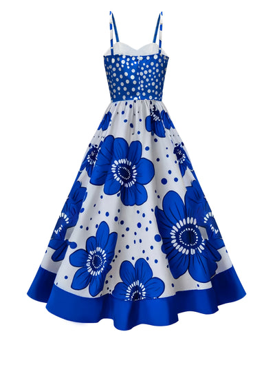 Weiß-blaues Sommer-Trägerkleid mit Blumenmuster