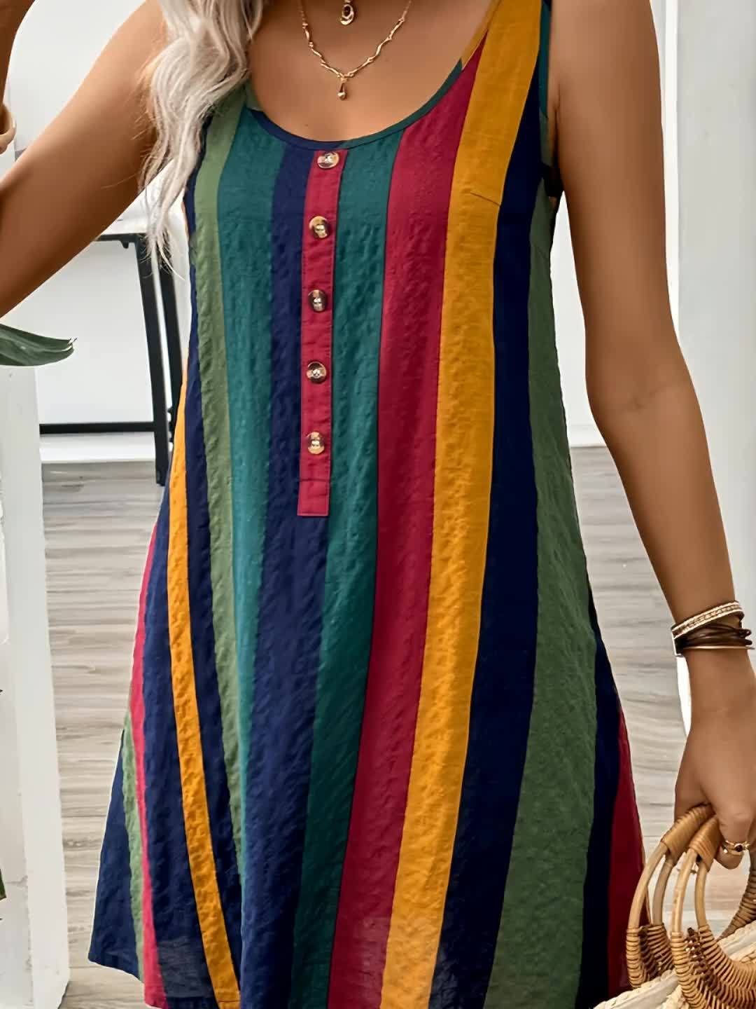 Ärmelloses Kleid mit bunten Streifen und Knöpfen