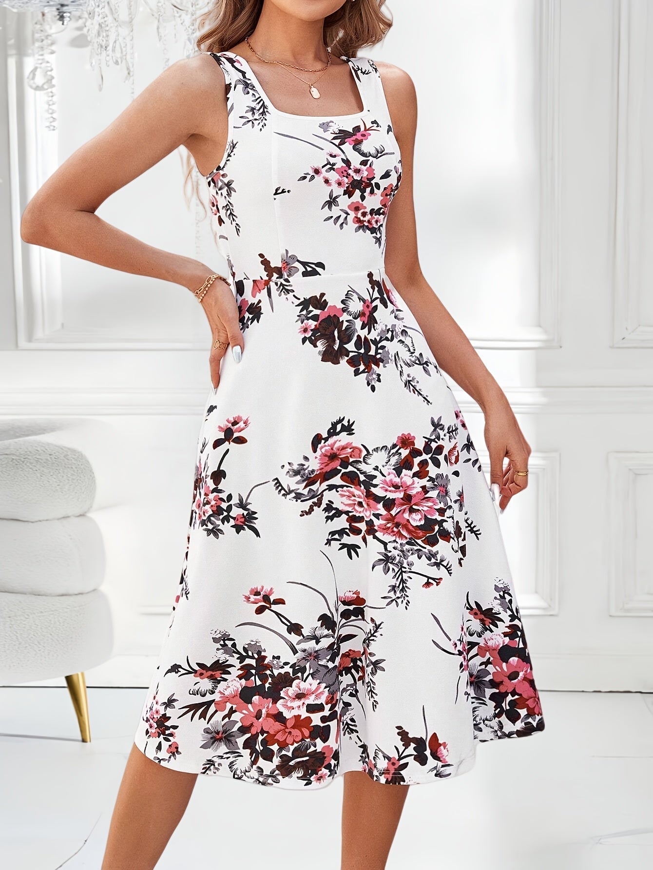 Elegantes Blumenkleid – A-Linien-Schnitt, quadratischer Ausschnitt