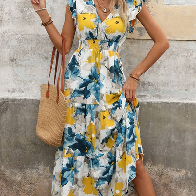 Langes Trapezkleid mit floralem Muster und frechem Ausschnitt