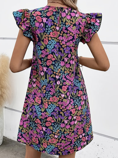 Bohème geblümtes Minikleid mit Volants in unifarbenem Sommer-Lila