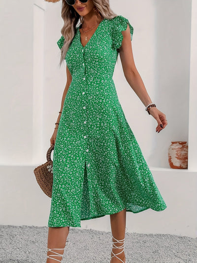 Geblümtes Kleid mit Volants, V-Ausschnitt, Knöpfen - Sommerliche Eleganz