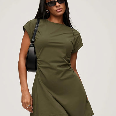 A-Linie Sommerkleid mit Falten und kurzen Ärmeln Farbe Khaki Modischer Schnitt