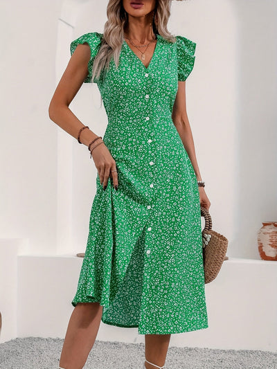 Geblümtes Kleid mit Volants, V-Ausschnitt, Knöpfen - Sommerliche Eleganz